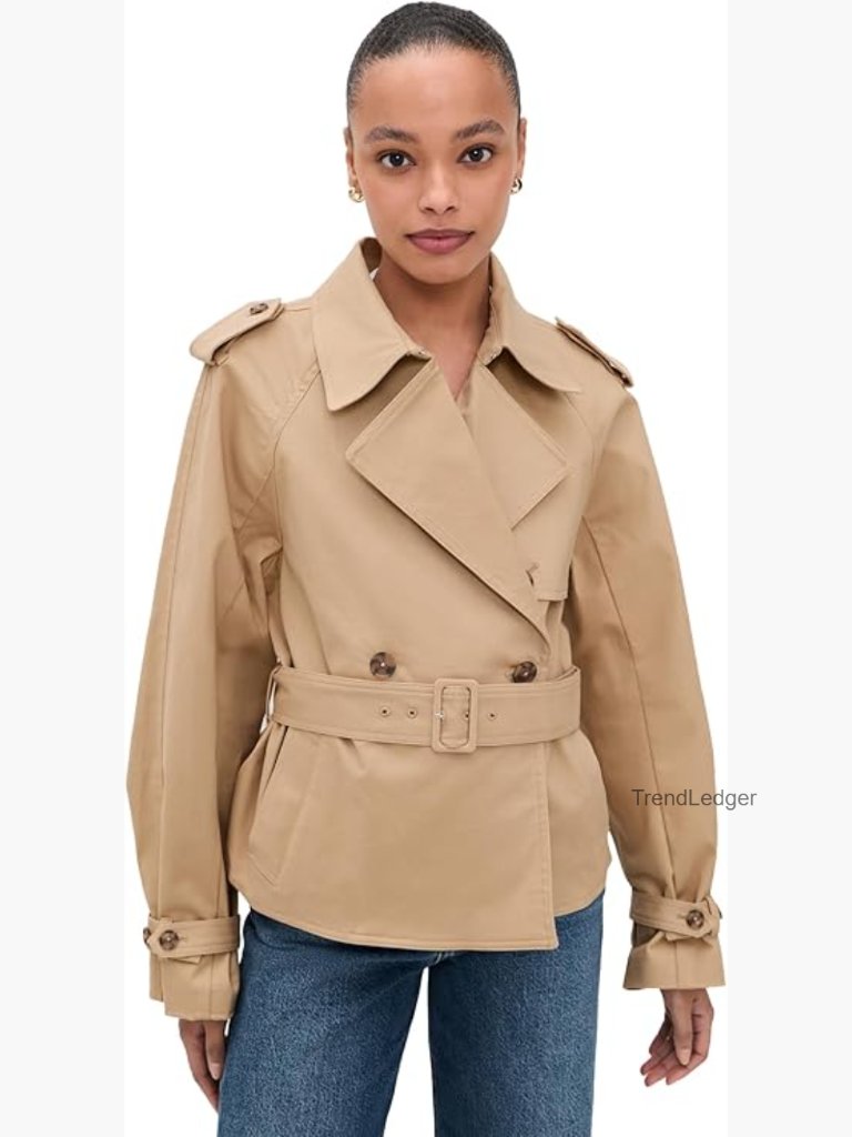 Cropped Trench Jacket With Belt, Cotton Twill, Notch Collar